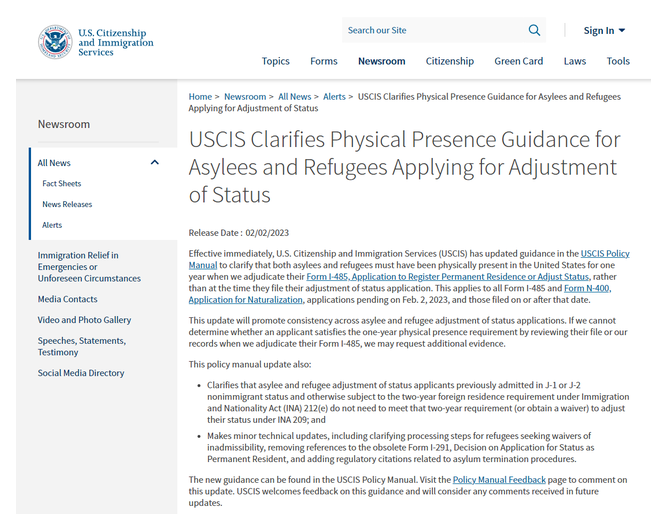 美移民局（USCIS）2月2日更新了《移民局政策手册》中的指南：拥有庇护和难民身份的人申请绿卡，必须在美国实际居住一年，才符合调整身份资格。
