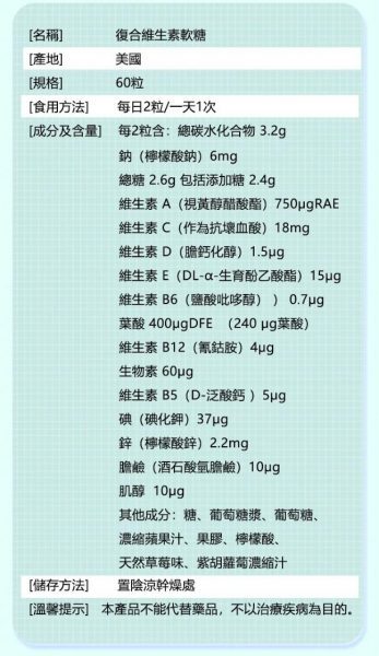 复合维生素软糖,高效复合维生素软糖,维生素,矿物质,维生素A,维生素B,维生素B12